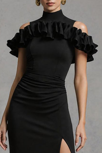 Robe longue formelle à col haut en satin fourreau noir avec fente